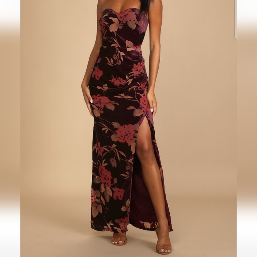 Lulu's Plum Floral Burnout Velvet Strapless maxi dress - L